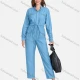 Wholesale Women's Plus Size Long Sleeve Plain Denim Jumpsuits With Belt Light Blue Clothing Wholesale Market Liuhua