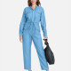 Women's Plus Size Long Sleeve Plain Denim Jumpsuits With Belt Light Blue Clothing Wholesale Market -LIUHUA