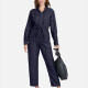 Women's Plus Size Long Sleeve Plain Denim Jumpsuits With Belt Navy Clothing Wholesale Market -LIUHUA