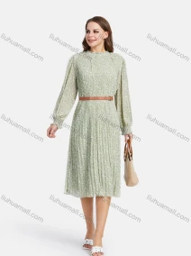 Wholesale Women's Mock Neck Long Sleeve Floral Print Ruffle Trim Chiffon Midi Dress With Belt, LIUHUA CLOTHING WHOLESALE