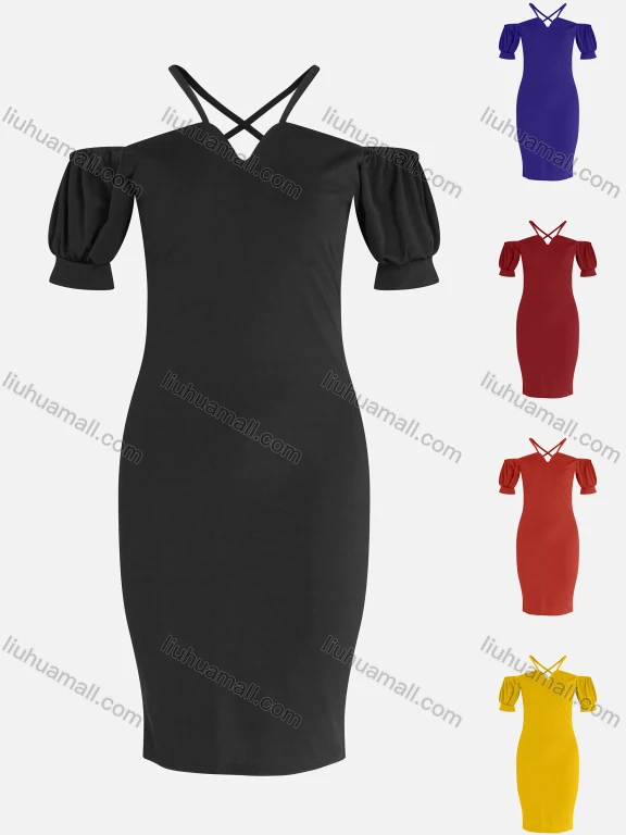 Wholesale Women's Fashion Off Shoulder Puff Sleeve Bodycon Plain Dress