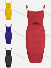 Wholesale Women's Fashion Square Neck Ruched Cutout Bodycon Plain Cami Dress, LIUHUA CLOTHING WHOLESALE