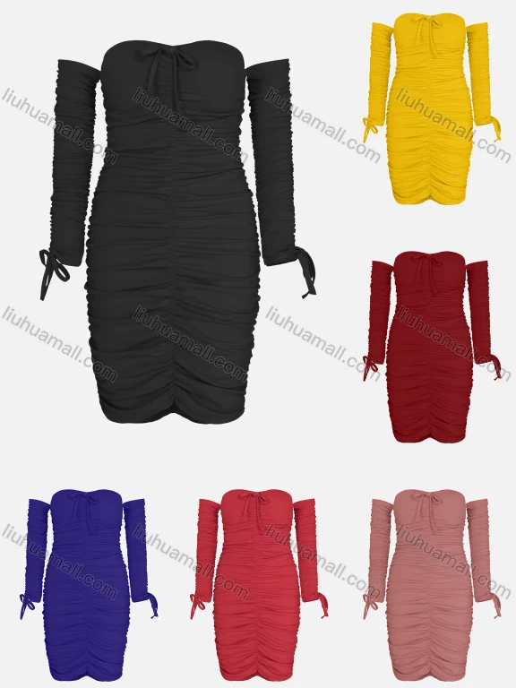 Wholesale Women's Fashion Off Shoulder Long Sleeve Drawstring Bodycon Plain Dress