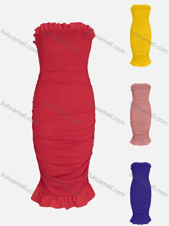 Wholesale Women's Fashion Off Shoulder Ruffle Trim Ruched Bodycon Plain Dress
