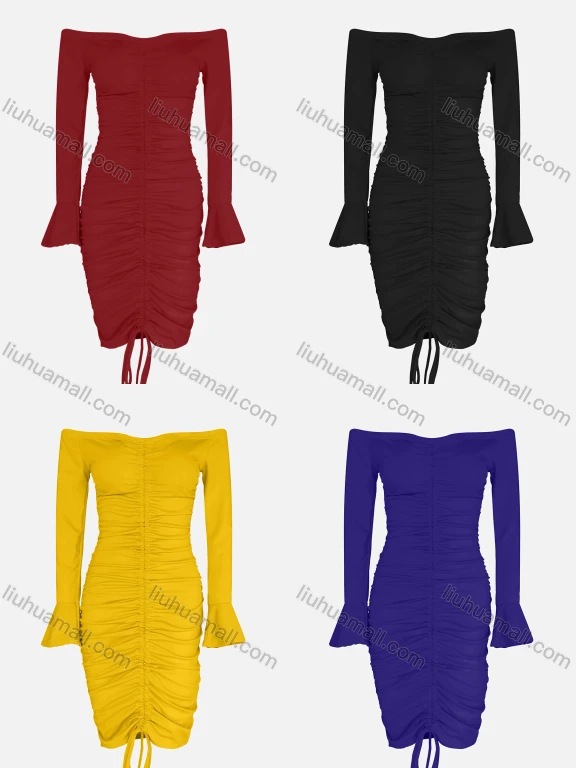 Wholesale Women's Fashion Off Shoulder Poet Sleeve Drawstring Bodycon Plain Dress