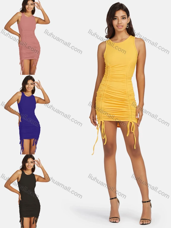 Wholesale Women's Sexy Round Sleeveless Drawstring Bodycon Club-wear Mini Dress