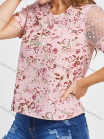Wholesale Women's Casual Lace Perspective Sleeve Floral Print Blouse 1771#, LIUHUA CLOTHING WHOLESALE