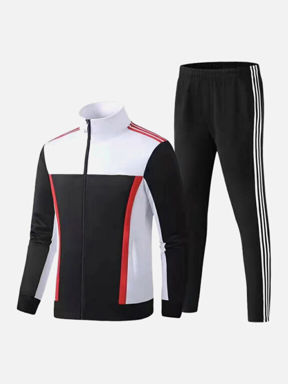 Men's Athletic Workout Splicing Colorblock Stand Neck Zip Jacket & Elastic Waist Ankle Length Pants 2 Piece Set 53626#, Clothing Wholesale Market -LIUHUA, MEN, Active-Outdoor