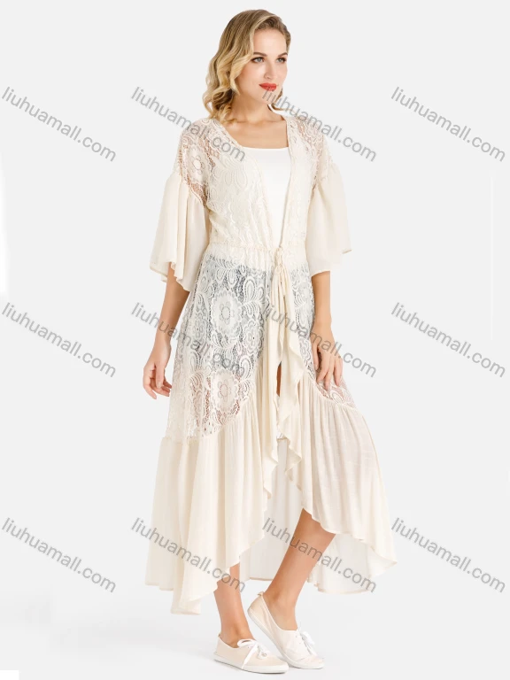 Wholesale Women's Flounce Sleeve Open Front Guipure Lace Fringe Drawstring Asymmetrical Ruffle Hem Cover Up
