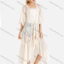 Wholesale Women's Flounce Sleeve Open Front Guipure Lace Fringe Drawstring Asymmetrical Ruffle Hem Cover Up preview