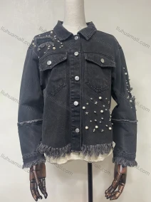 Wholesale Women's Fashion Button Down Pearl Star Decor Frayed Raw Hem Flap Pockets Denim Jacket, LIUHUA CLOTHING WHOLESALE