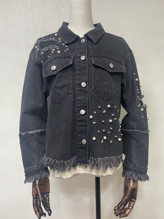 Women's Fashion Button Down Pearl Star Decor Frayed Raw Hem Flap Pockets Denim Jacket, Clothing Wholesale Market -LIUHUA, 