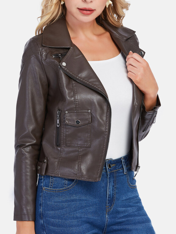 Women's Fashion Lapel Zip Pockets Crop Leather Jacket, Clothing Wholesale Market -LIUHUA, Jackets