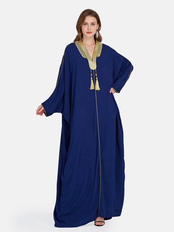 Women's Elegant Muslim Islamic Embroidery Tassel Long Sleeve V Neck Floor Length Abaya Robe Dress ZRSF-49#, Clothing Wholesale Market -LIUHUA, SPECIALTY, Ethnic-Clothing