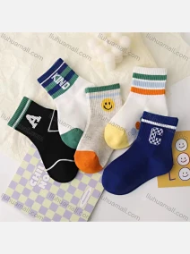 Wholesale Boys Casual Striped Smiley Face Letter Graphic Crew Ankle Socks, LIUHUA CLOTHING WHOLESALE