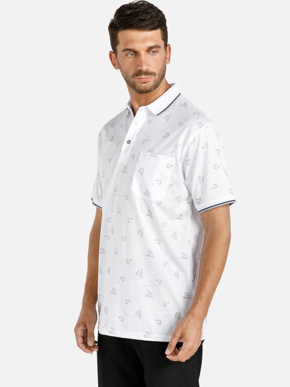 Men's Casual Allover Print Striped Trim Short Sleeve Patch Pocket Polo Shirt, Clothing Wholesale Market -LIUHUA, Men, Men-s-Tops, Men-s-Hoodies-Sweatshirts