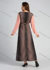 Wholesale Women's Long Sleeve Round Neck Zip Front Striped Splicing Maxi Dress With Belt - Liuhuamall