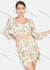 Wholesale Women's Sweetheart Collar Floral Print Puff Sleeve Crop Top & Short Skirt 2 Piece Set - Liuhuamall