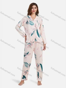 Wholesale Women's Comfy 2 Piece Sleepwear Plant Print Long Sleeve Pajamas Set 070802#, LIUHUA CLOTHING WHOLESALE