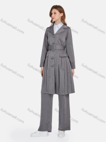 Wholesale Women's Plain Lapel Long Sleeve Buttons Down Pleated Long Trench Coat & Pants 2 Piece Uniform Set W2045#, LIUHUA CLOTHING WHOLESALE