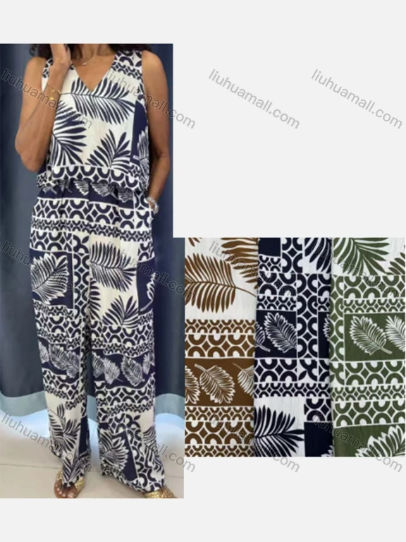 Wholesale Women's Casual Leaf Print V Neck Patch Pocket Woven Tank Jumpsuit FYFS027#