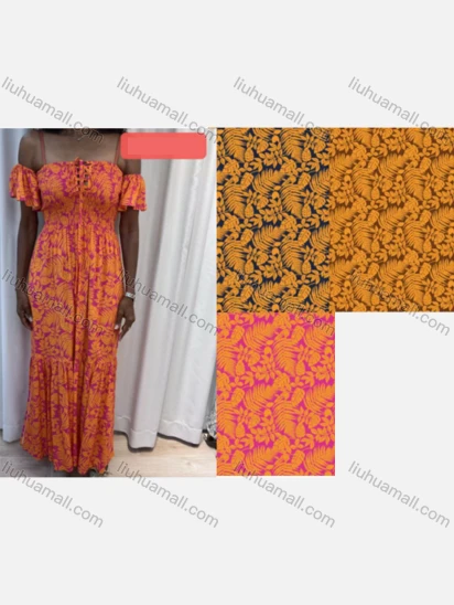 Wholesale Women's Casual Leaf Print Off Shoulder Tie Front Shirred Ruffle Hem Ruched Woven Maxi Dress K1699-19#