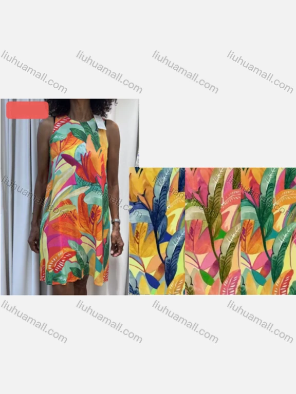 Wholesale Women's Casual Plants Print Crew Neck Woven Knee Length Tank Dress V5356#