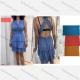 Wholesale Women's Casual Plain Ruched Ruffle Hem Woven Short Halter Dress V5413# Blue Clothing Wholesale Market Liuhua