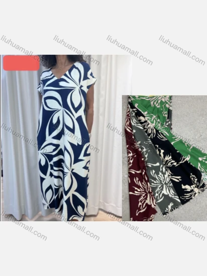 Wholesale Women's Casual Floral Print V Neck Short Sleeve Woven Midi Dress V5420#