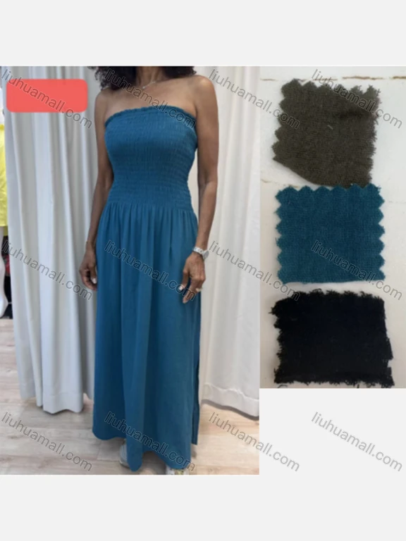 Wholesale Women's Casual Plain Shirred Ruched Strapless Ruffle Trim Woven Maxi Dress V5429#