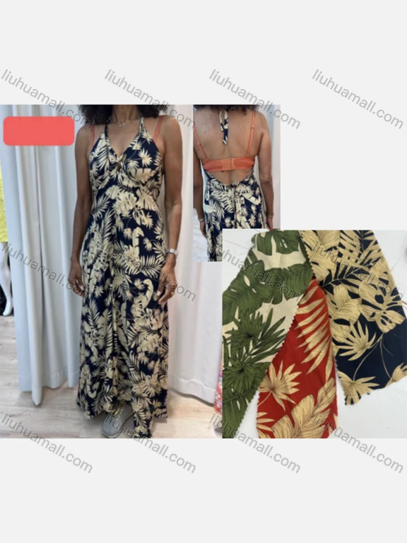 Wholesale Women's Casual Plants V Neck Backless Woven Maxi Halter Dress V5432#