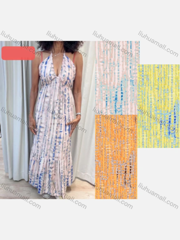 Wholesale Women's Casual Abstract Print Deep V Neck Woven Maxi Halter Dress V5433#