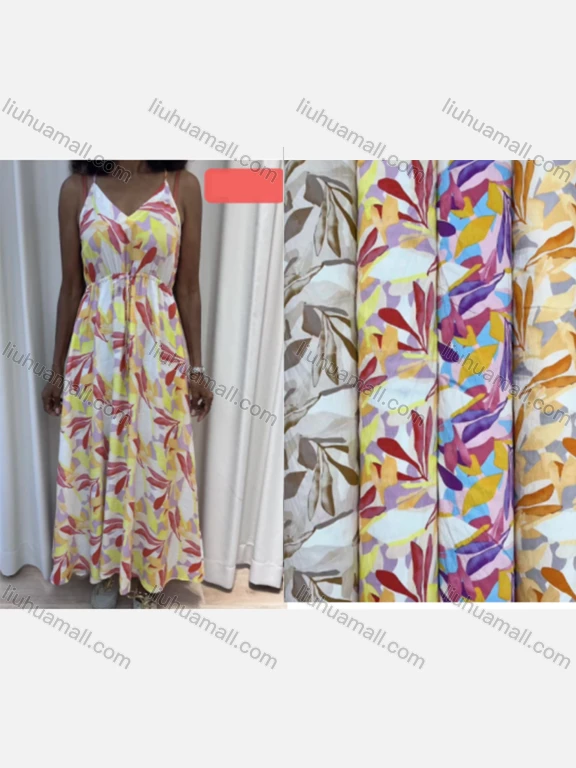 Wholesale Women's Casual Leaf Print V Neck Drawstring Woven Maxi Cami Dress V5435#