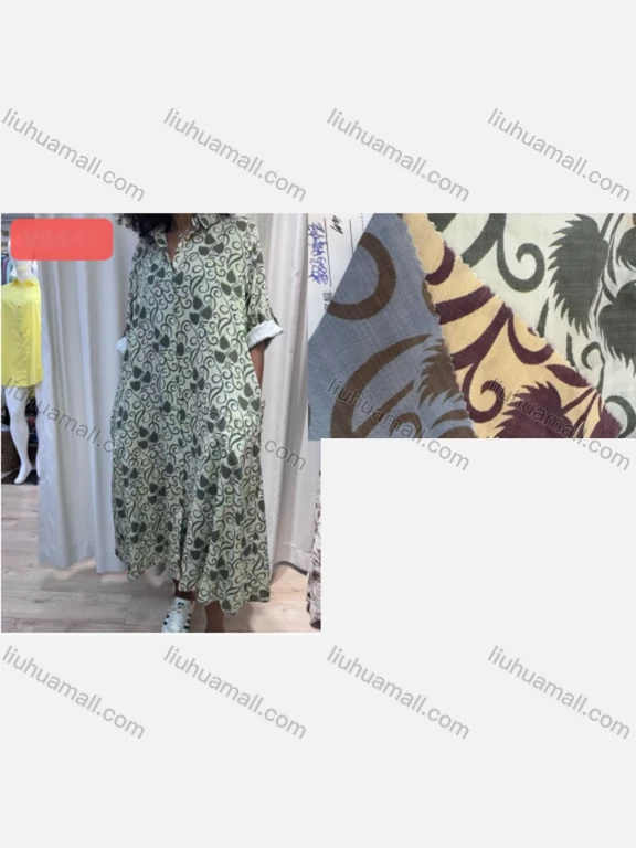 Wholesale Women's Casual Allover Print Collared Buckle Strap Cuff Woven Maxi Shirt Dress V5445#