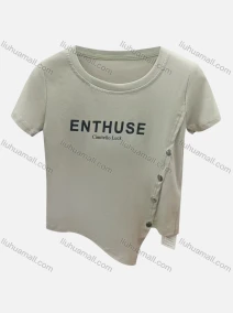 Wholesale Women's Casual Crew Neck Short Sleeve Asymmetrical Hem Button Decor Letter Crop Tee 6004#, LIUHUA CLOTHING WHOLESALE