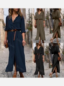 Wholesale Women's Casual Rolled Sleeve Button Down Plain Maxi Dress With Belt, LIUHUA CLOTHING WHOLESALE