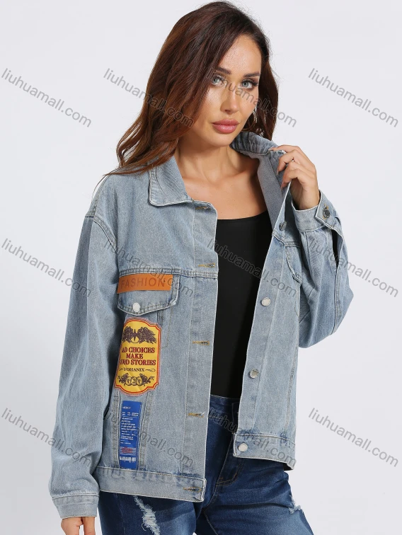 Wholesale Women's Graphic Boy Friend Loose Fit Label Drop Shoulder Flap Pockets Button Front Denim Jacket, Guangzhou Clothing Wholesale Market & Suppliers - LIUHUAMALL, Women