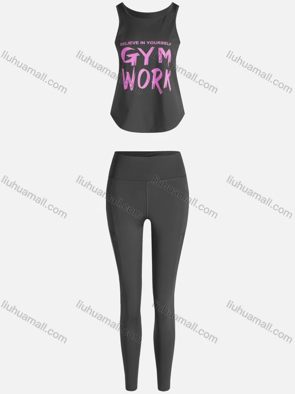 Wholesale Women's Sporty Breathable Quick Dry Letter Tank Top & High Waist Leggings 2 Piece Yoga Workout Outfits 1009#&1014#