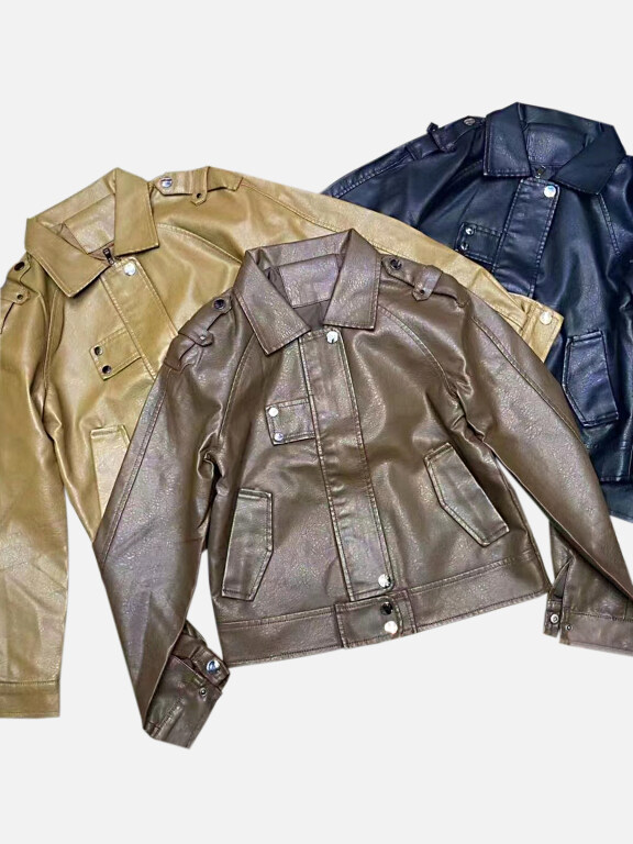 Women's Fashion Lapel Multiple Plain Crop Leather Jacket, Clothing Wholesale Market -LIUHUA, Jackets