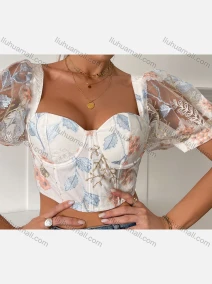 Wholesale Women's Sexy Floral Print Sweetheart Neck Tube Top Mesh Splicing Short Sleeve Crop Tops, LIUHUA CLOTHING WHOLESALE