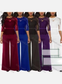 Wholesale Women's Casual 3/4 Sleeve Lace Slim Fit Blouse & High Waist Pants Set, LIUHUA CLOTHING WHOLESALE