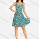 Wholesale Women's Casual Allover Print Shirred Backless Short Cami Dress With Belt Dark Cyan Clothing Wholesale Market Liuhua