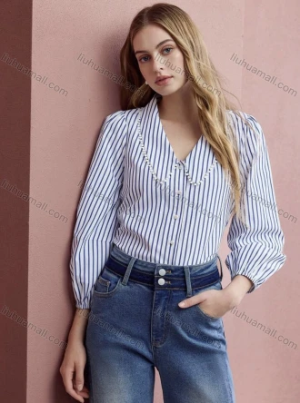 Wholesale Women's Striped Blouse with Peter Pan Collar and Puff Sleeves, LIUHUA CLOTHING WHOLESALE