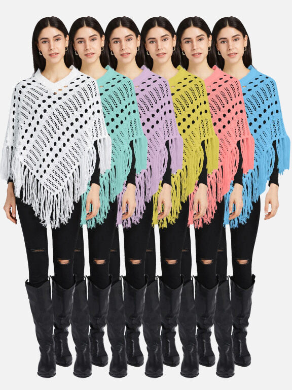 Women's V Neck Knitted Hollow Out Fringe Trim Scarf Hem Cape, Clothing Wholesale Market -LIUHUA, WOMEN, Outerwears