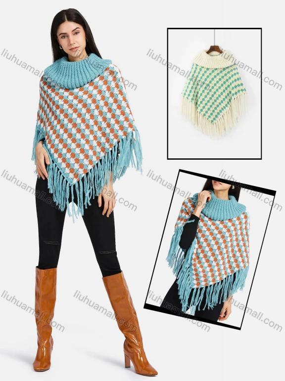 Wholesale Women's High Neck Multi-color Knitted Tassel Fringe Trim Bandana Hem Poncho
