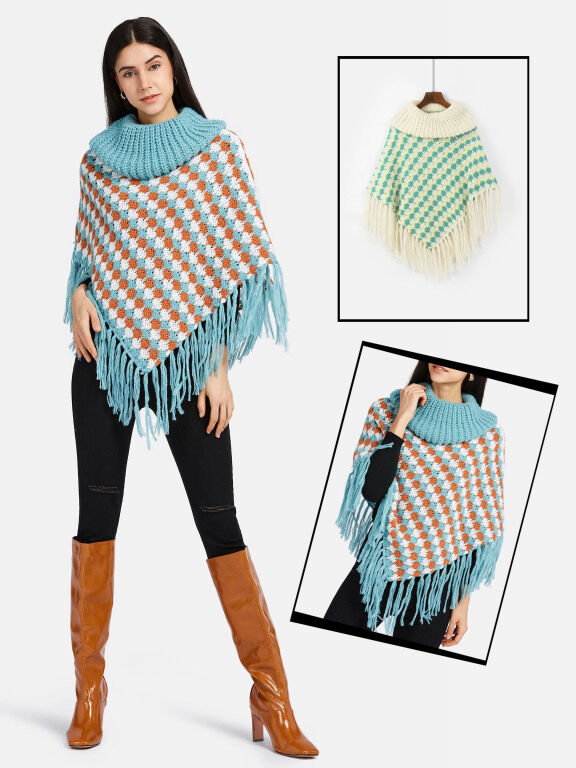 Women's High Neck Multi-color Knitted Tassel Fringe Trim Bandana Hem Poncho, Clothing Wholesale Market -LIUHUA, WOMEN, Jackets