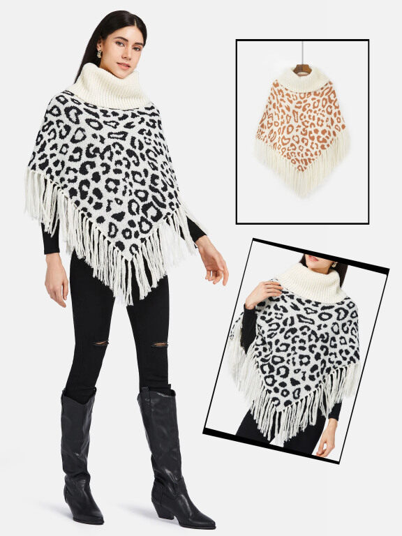 Women's High Neck Knitted Leopard Print Fringe Trim Bandana Hem Poncho, Clothing Wholesale Market -LIUHUA, Women, Women-s-Outerwear, Cape-Poncho