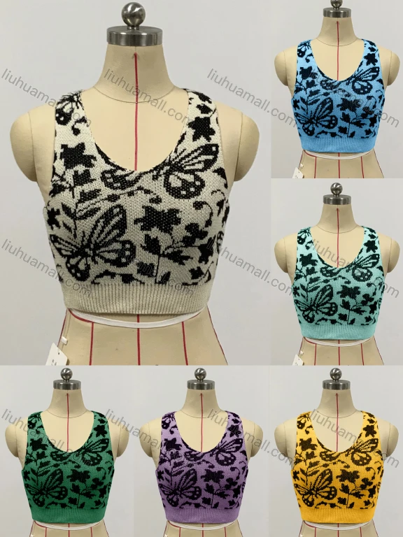 Wholesale Woman's Fashion Round Neck Butterfly Cartoon Print Striped Knit Crop Sweater Tank Top