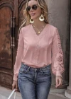 Wholesale Women's Casual Plain Lace Trim V Neck Guipure Lace Long Sleeve Blouse - Liuhuamall