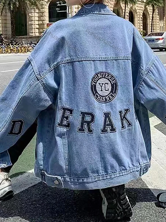 Wholesale Women's Fashion Long Sleeve Back Letter Embroidery Button Down Distressed Denim Jacket
